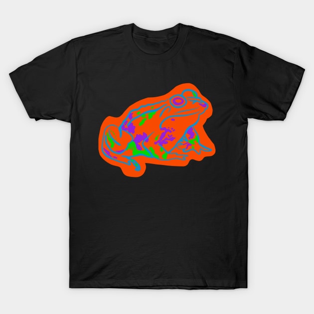 Blue Neon Frog Covered In Orange Glow T-Shirt by wildjellybeans